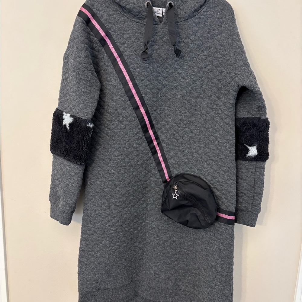 Deux par Deux Gray Quilted Hoodie Dress with Pink and Black Accents